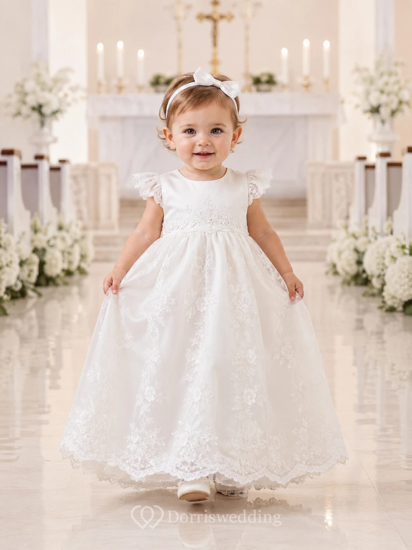 Baby-Taufkleid mit Spitzenapplikationen, A-Linie, kurzen Ärmeln und Teelänge