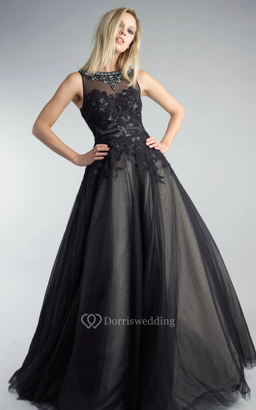 A-line Floor-length High Neck Sleeveless Tulle Illusion Dress