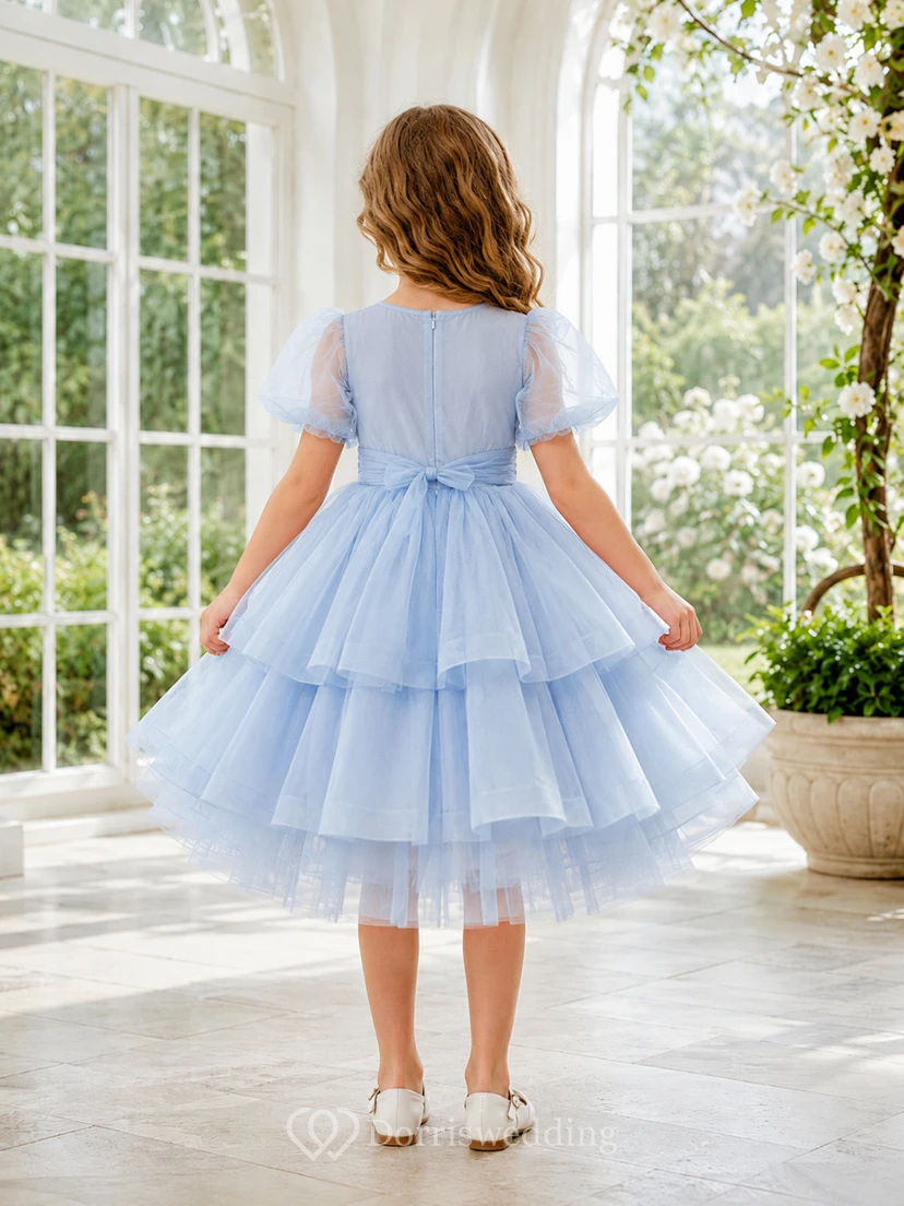 Blumenmädchenkleid aus stahlblauem Tüll, A-Linie, kurze Ärmel, Rundhalsausschnitt, bodenlang, Rüschenbesatz, Stufenrock view 2