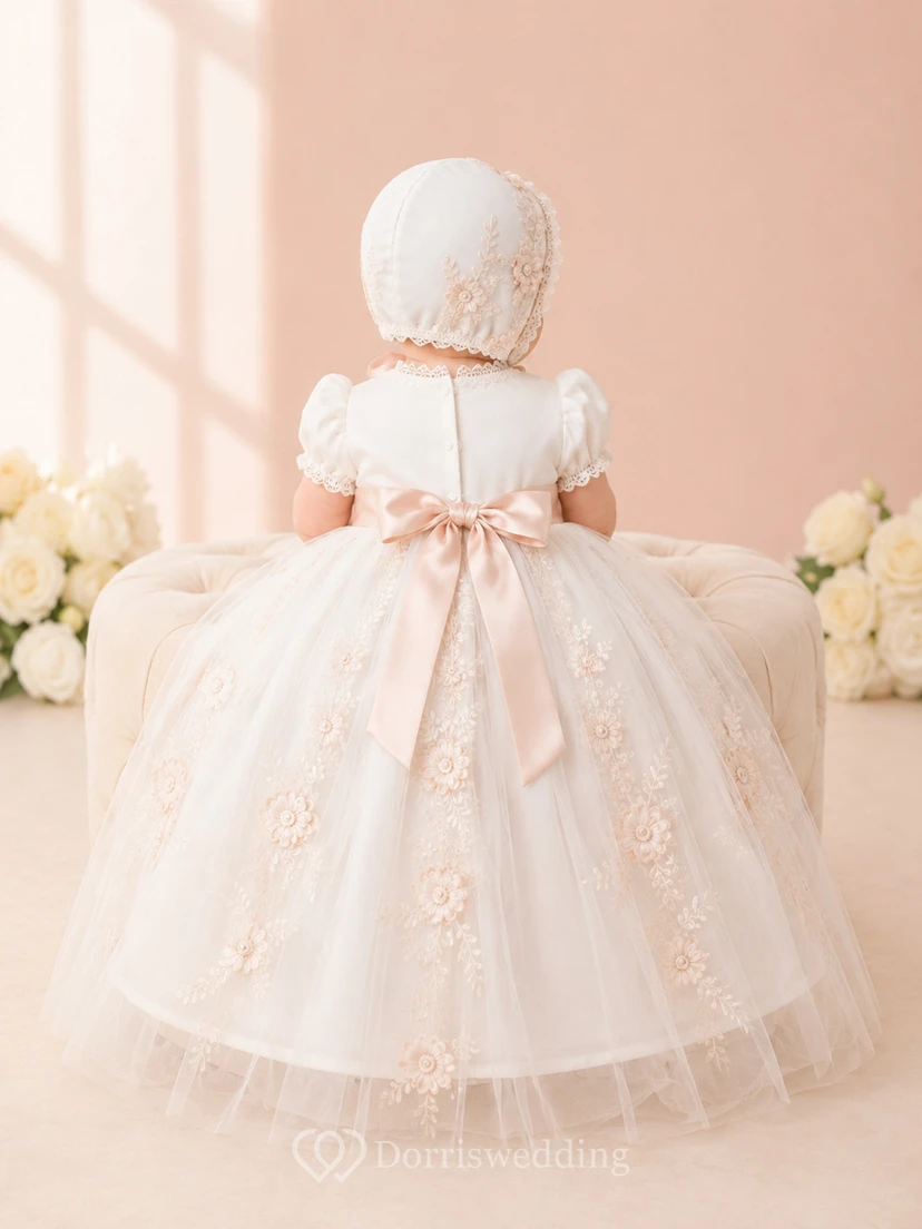 Blushing Pink Baby Baptism Christening Ceremony Gown A-Line Knee-Length Jewel Neck Short Sleeve Tulle Lace Floral Detail Floral Applique Bow Back Button Back view 2