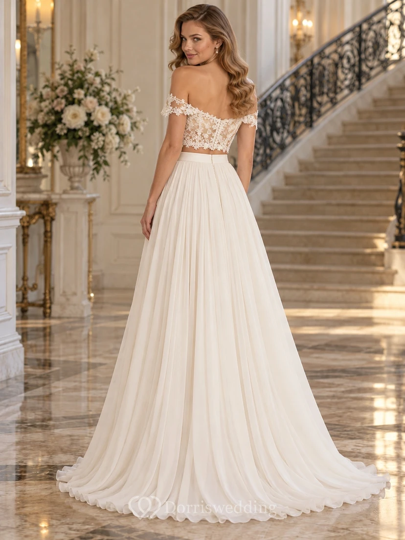 Two Piece Off Shoulder Floral Crop Pleated Chiffon Wedding Dress view 2