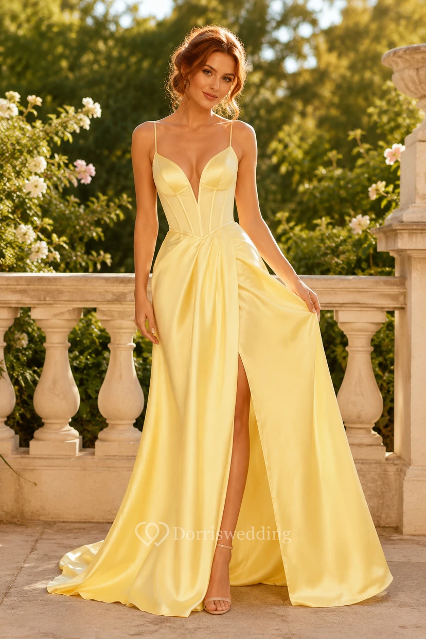 Ballkleid in Narzissengelb, Satin, A-Linie, Spaghettiträger, mit Schlitz, bodenlang