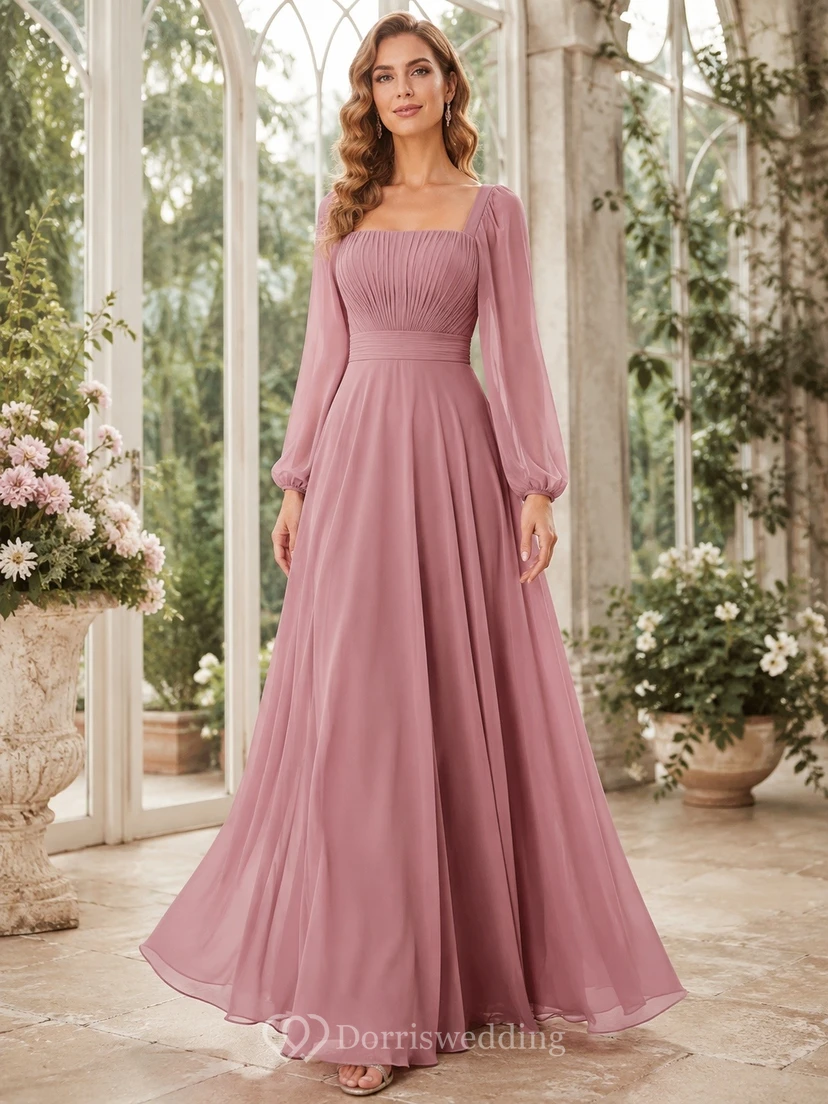 Vintage-Mauve Romantic Square Long-Sleeve Chiffon A-Line Floor-Length Elegant Dress