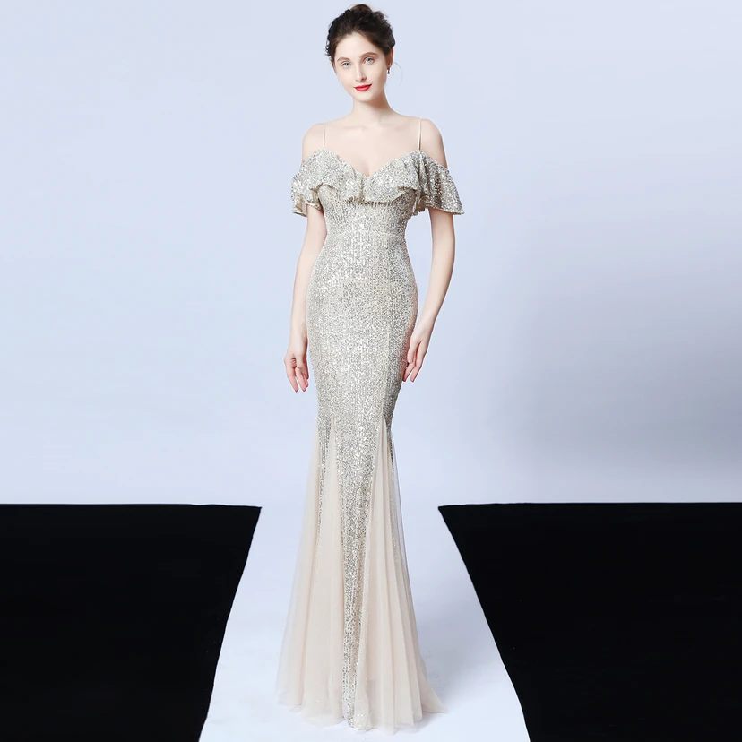 Robe de soirée élégante à franges et sequins en fil de polyester, style sirène, idéale pour un banquet ou une occasion spéciale automne. view 11