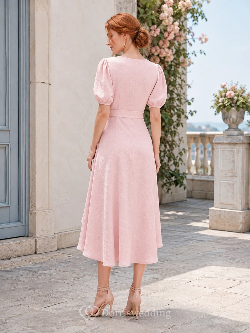 Light Pink Chiffon Wrap Short Sleeve Pleated A-line Midi Dress view 2