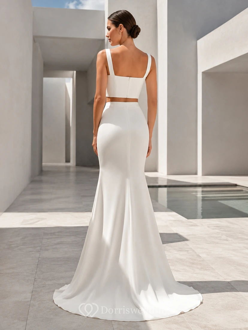 Square Strap Satin Crop Top Mermaid Architectural Bridal Set view 2
