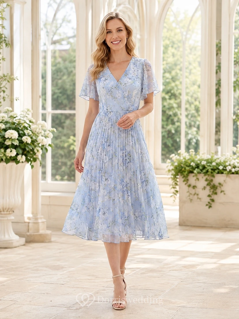 Teelanges, hellblaues Kleid mit Blumenmuster, V-Ausschnitt, flatternden Ärmeln und Falten in A-Linie