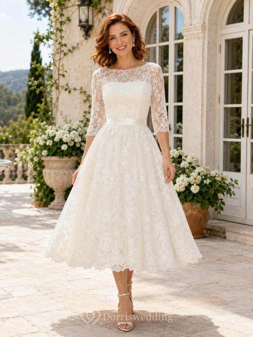 Brautkleid mit Dreiviertelärmeln, Spitze, A-Linie, Teelänge und Muschelsaum