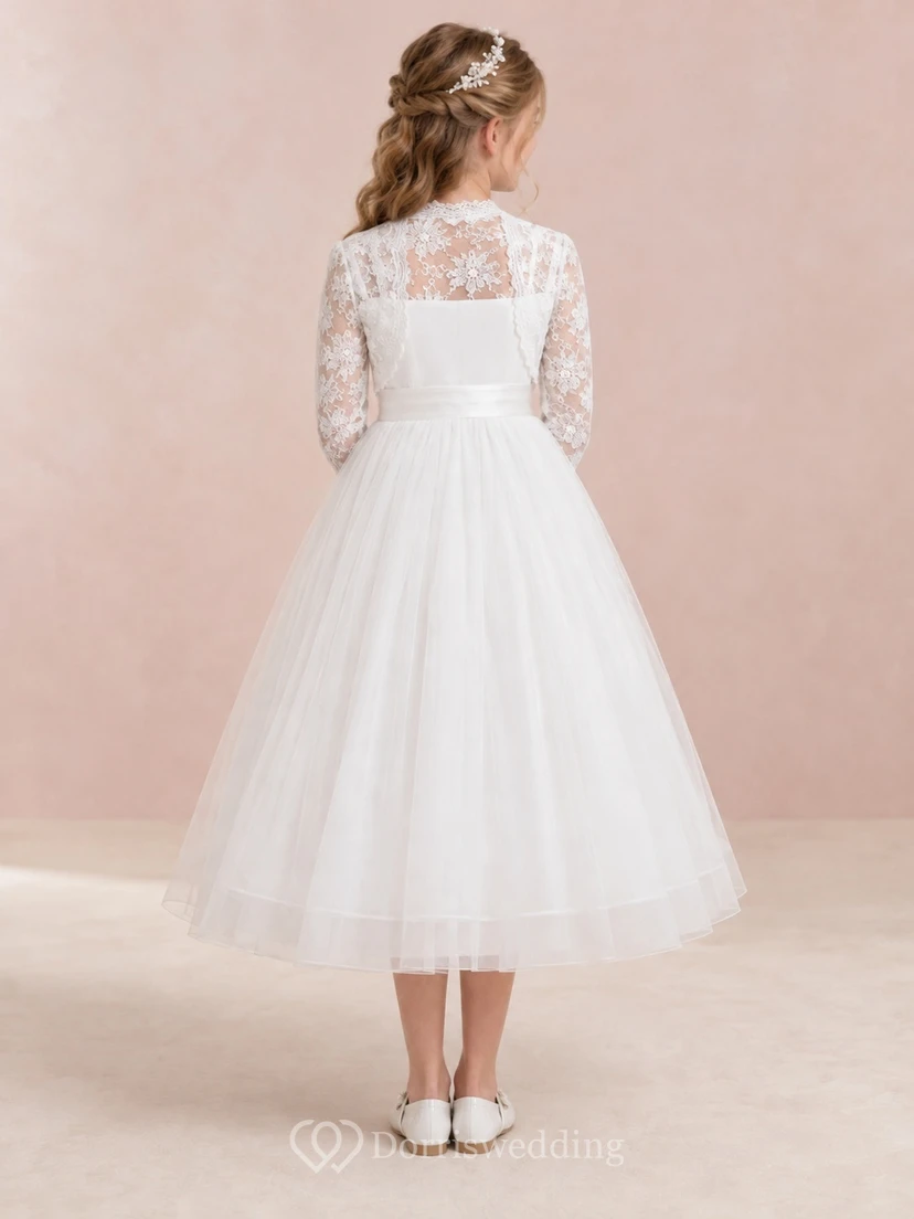 White Tea-length Square Neck Long Sleeve Lace Bolero Tulle Communion Dress view 2