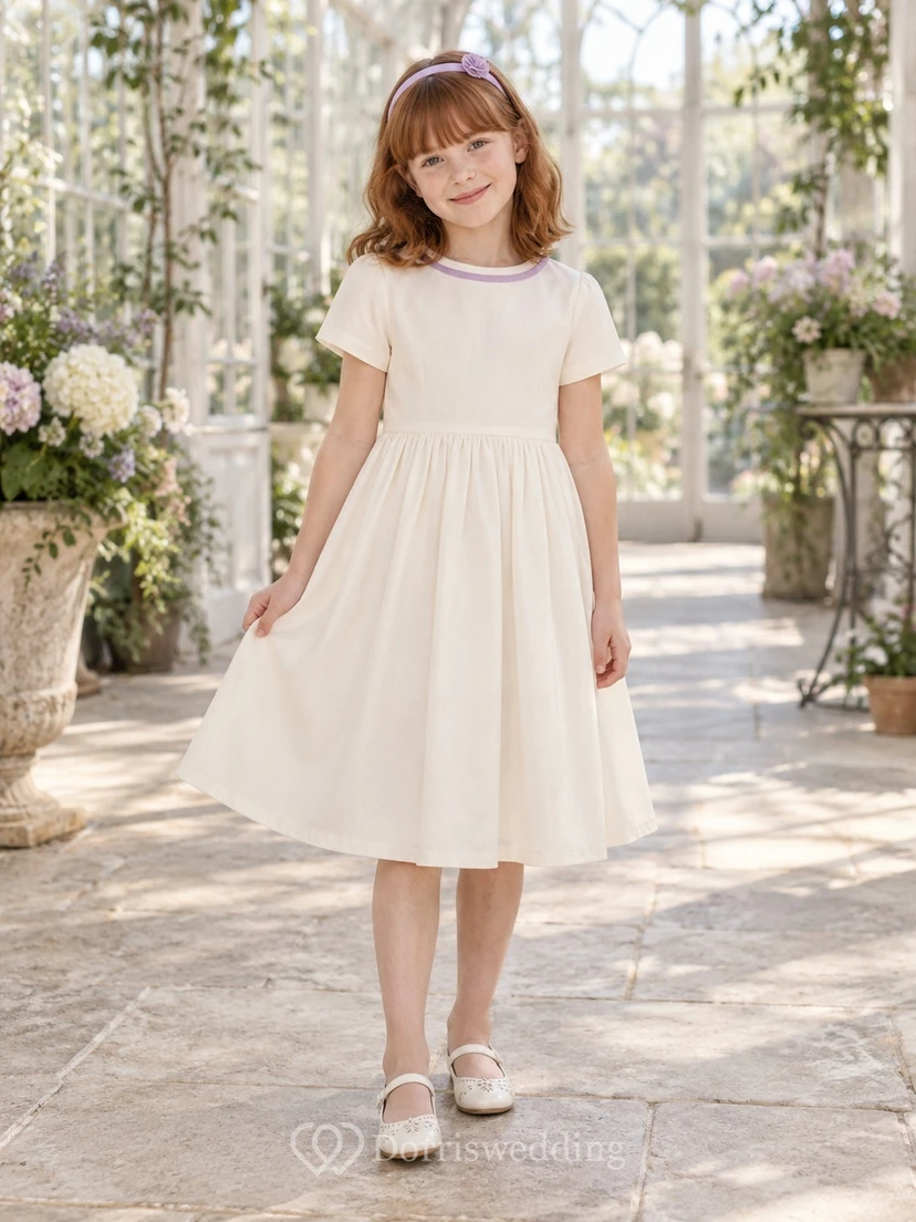 Simple Modest Cream Tea-length Lavender Bound Neck Straight Short Sleeve Flower Girl Dress