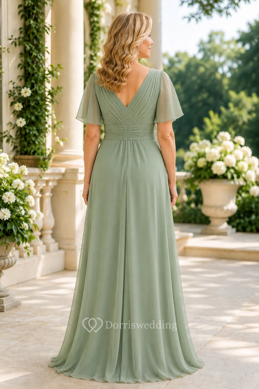 MOB-Kleid, salbeigrüner Chiffon, A-Linie, kurze Ärmel, V-Ausschnitt, bodenlang, plissiert view 2