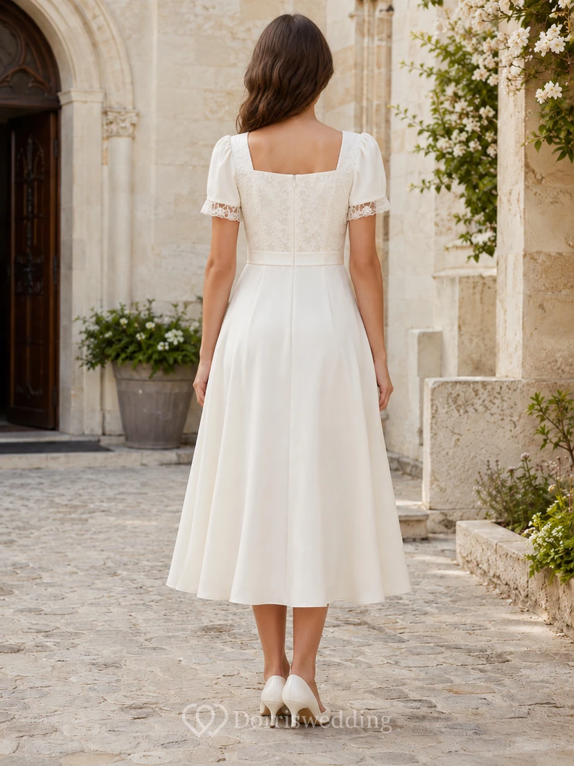 Elfenbeinfarbenes Spitzenkleid in A-Linie, Teelänge, mit eckigen Puffärmeln, schlichtes Design view 2