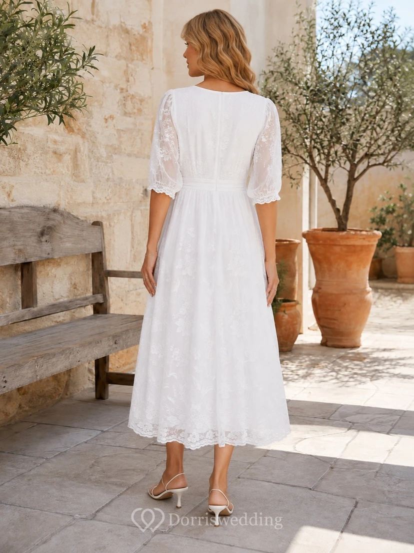 Vintage-Kleid in A-Linie mit dezentem, halblangem Ärmel, V-Ausschnitt, Stickerei und Teelänge view 2