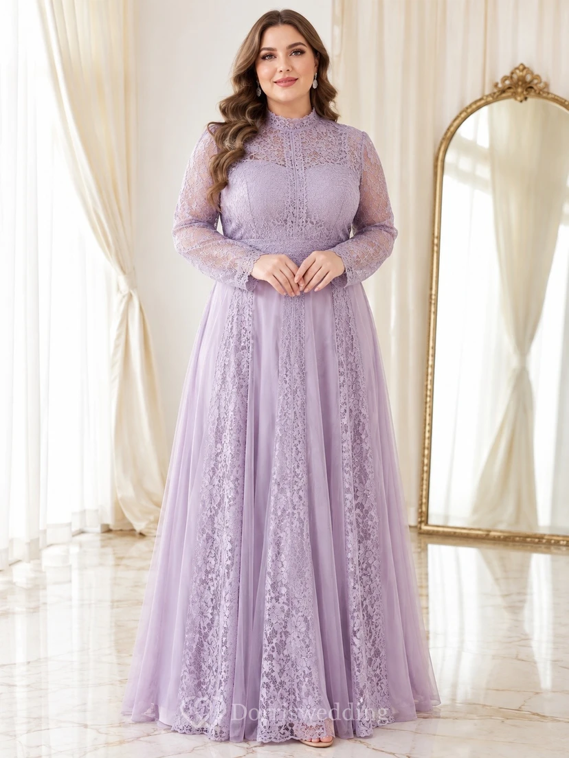 Elegant Lavender V-neck Long Sleeve A-line Lace Formal Evening Dress