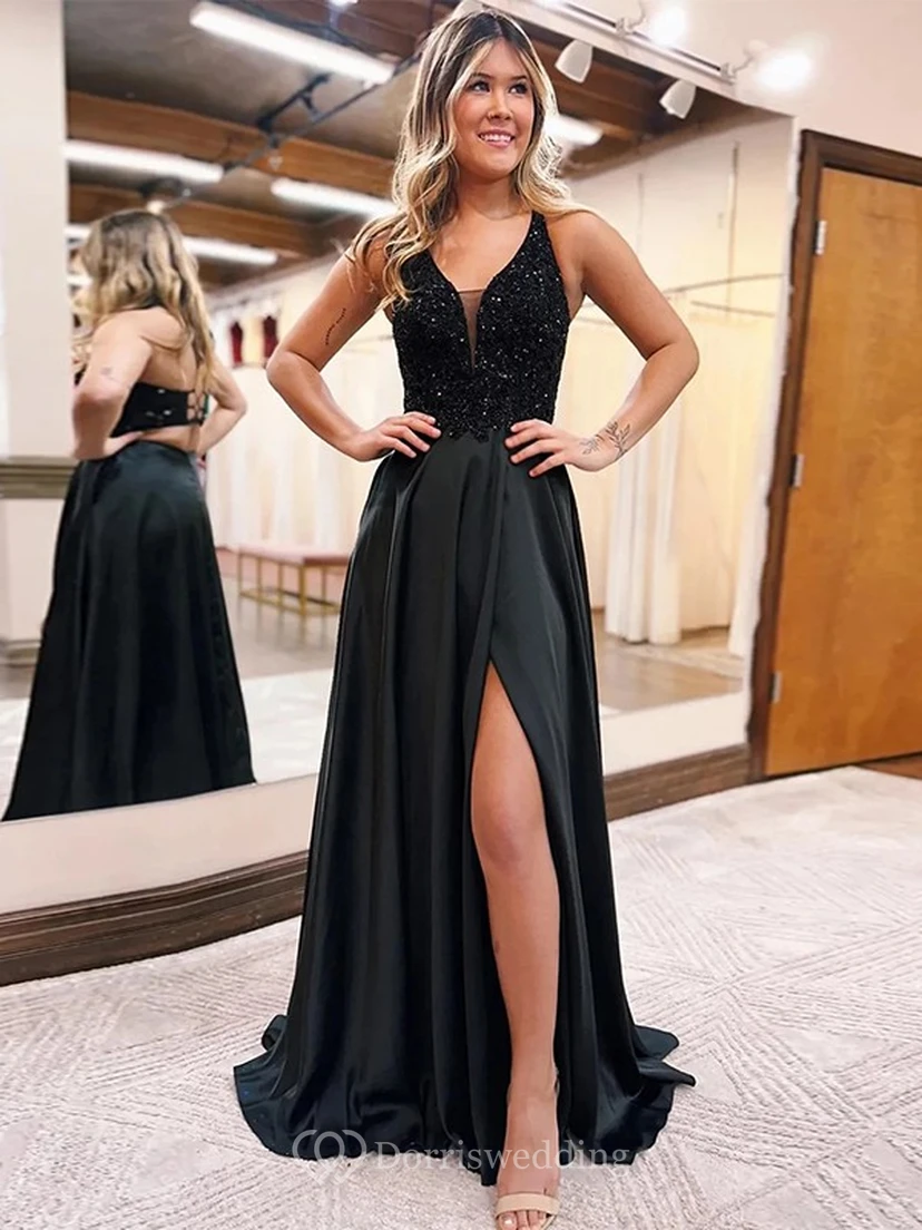 Black Front Split A-line Prom Dress with Sequin Top