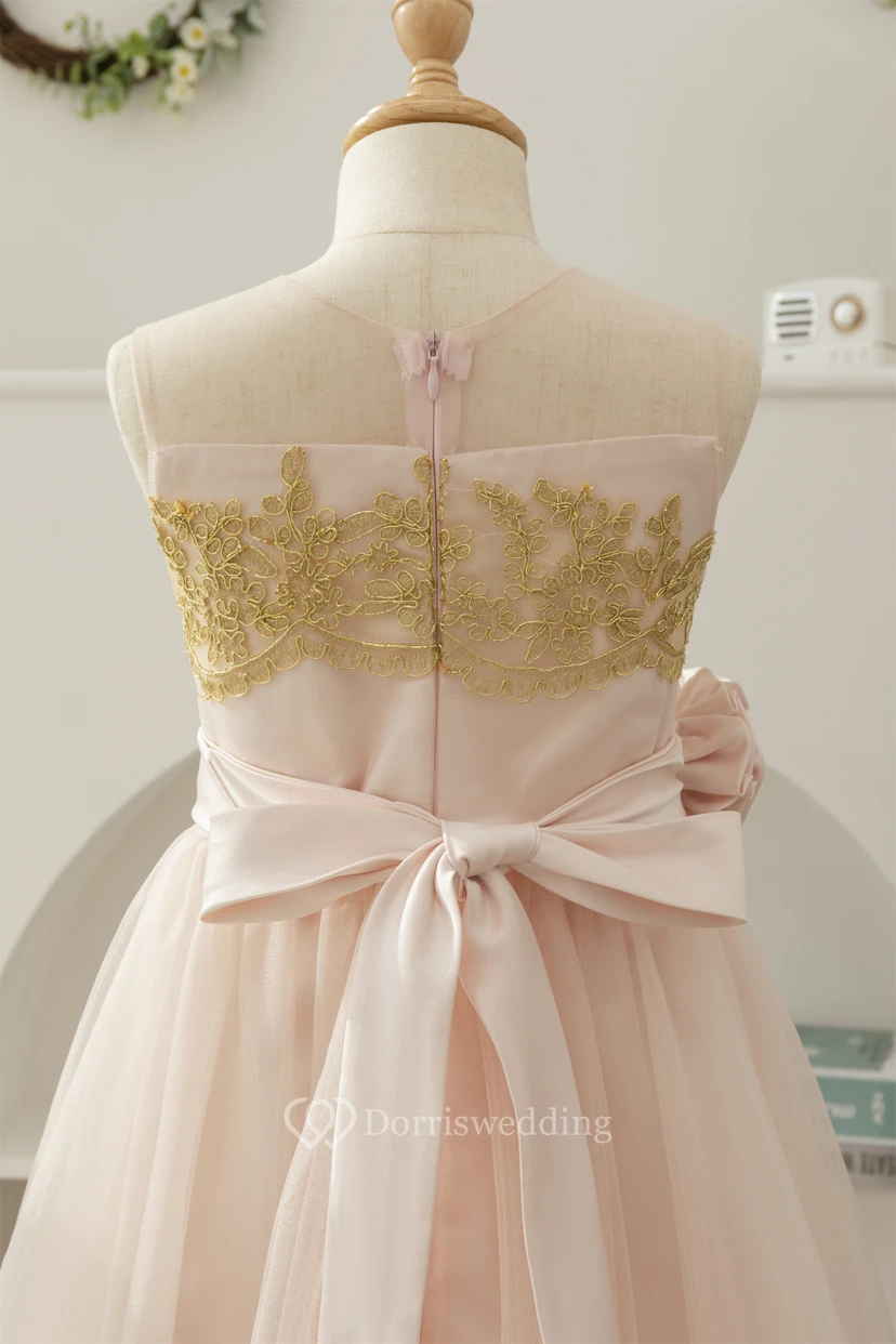 Jewel-neck Two-Tone Applique A-line Tulle Empire Flowergirl Dress view 5