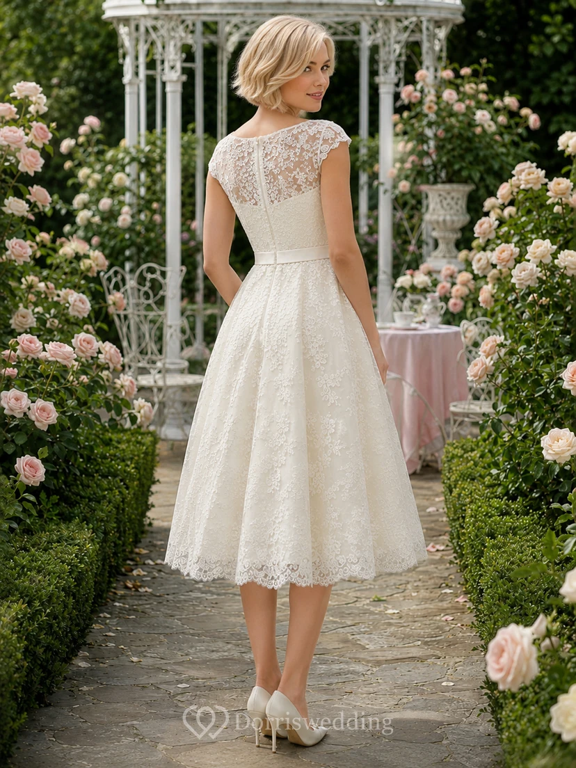 Petite Vintage Brautkleid aus Spitze, Teelänge, kurzen Ärmeln und A-Linie view 2