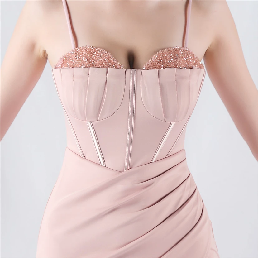 Fishbone Waist Set Crystal Diamond Satin Host Evening Dress view 35