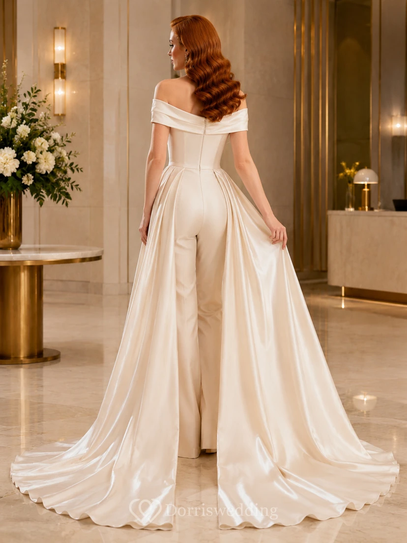 Minimalist Champagne Satin Wedding Jumpsuit Off Shoulder Sweep Train view 2
