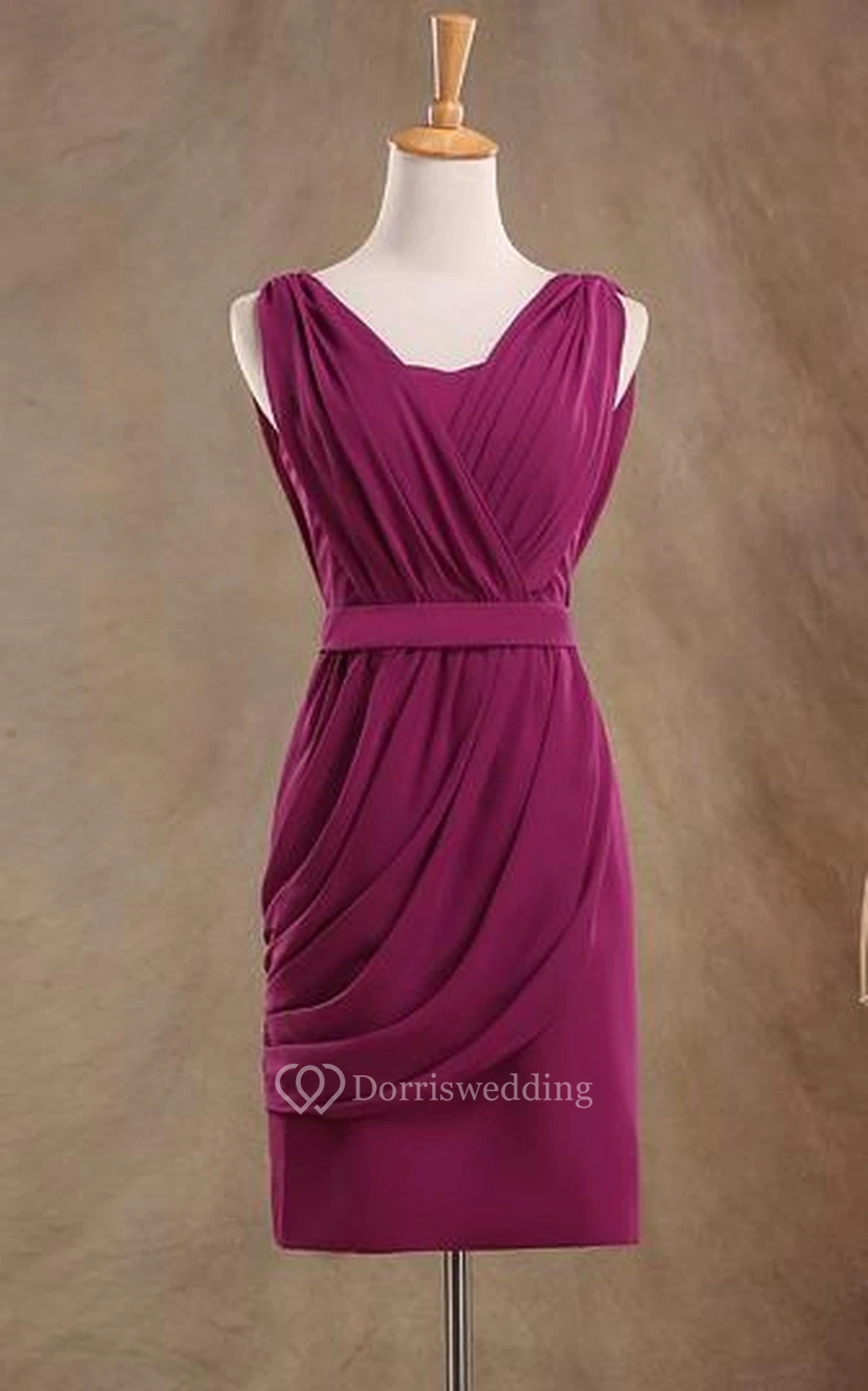 Mini Sleeveless V-neck Chiffon Sheath Pleated Dress
