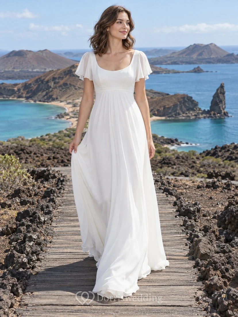 Vestido de novia de georgette con escote redondo, mangas con volantes, cintura fruncida y cola en línea A.
