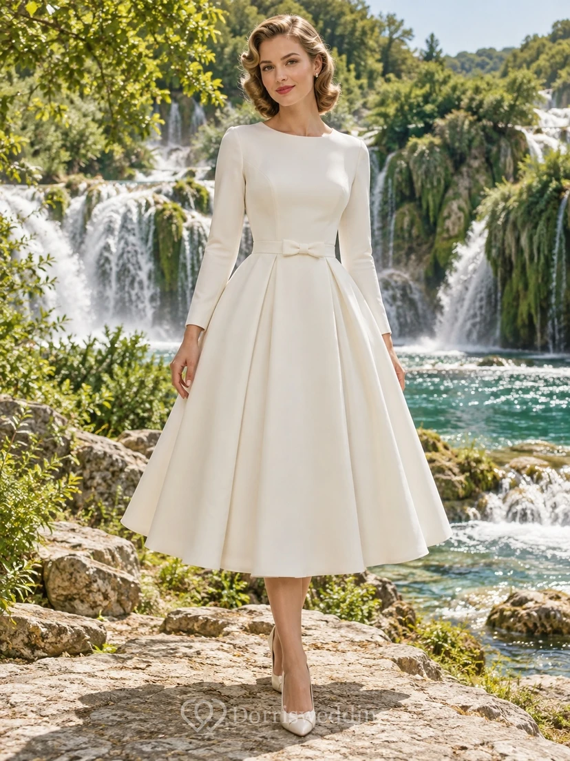 Vestido de novia sencillo de estilo vintage, largo hasta la rodilla, manga larga, cuello joya, satén, lazo, cintura plisada.