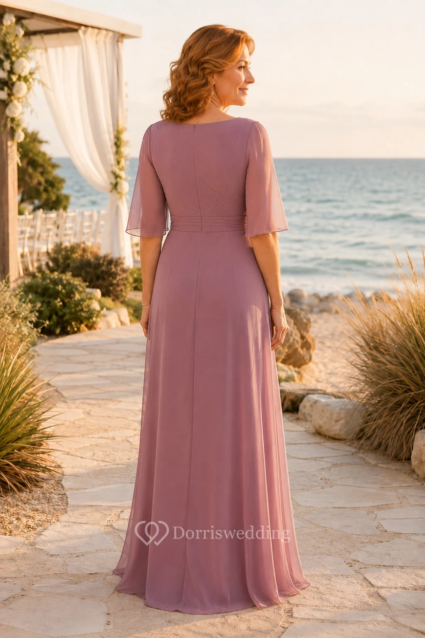 Mutterkleid aus altrosafarbenem Chiffon mit Bateau-A-Linie view 2