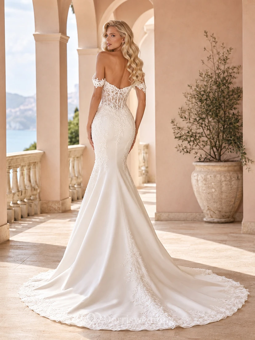 Robe de mariée sirène en satin poli et dentelle, épaules dénudées, manches courtes, corsage à traîne chapelle et dos nu, robe de mariée à bustier court et traîne chapelle, épaules dénudées et manches courtes. view 2