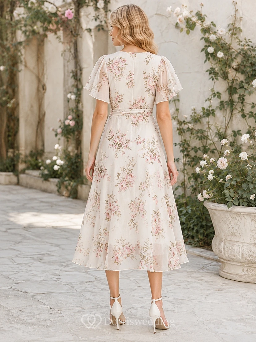 Teelanges, elfenbeinfarbenes Wickelkleid mit Blumenmuster, V-Ausschnitt, flatternden Ärmeln und A-Linien-Schnitt view 2