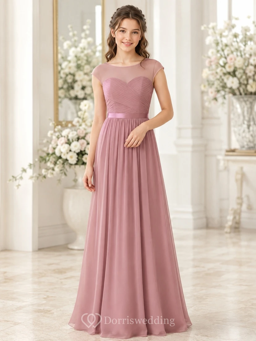 Altersgerechtes, formelles, bodenlanges Brautjungfernkleid aus Chiffon in Altrosa mit kurzen Ärmeln und Herzausschnitt.