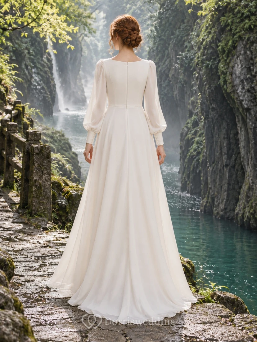Schlichtes, elegantes Brautkleid in A-Linie mit langen Ärmeln und U-Boot-Ausschnitt, gerafft view 2
