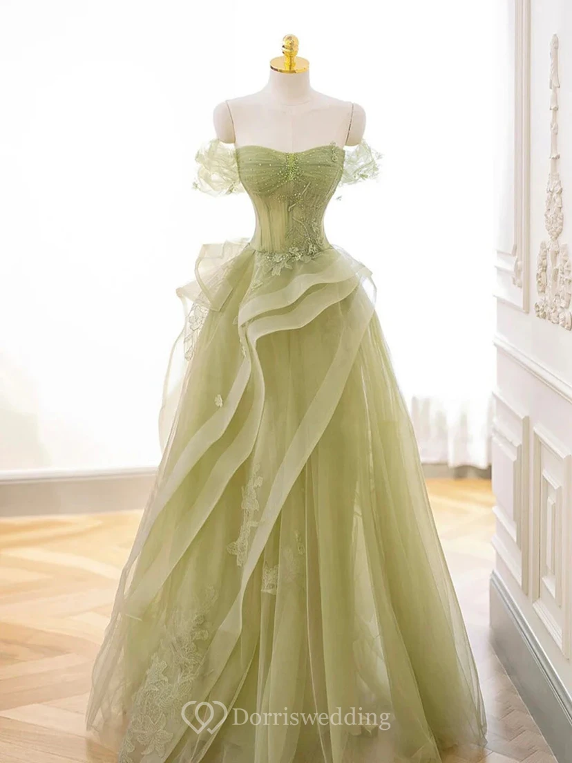 Mint Green Asymmetrical Tulle Gown with Embroidery view 6