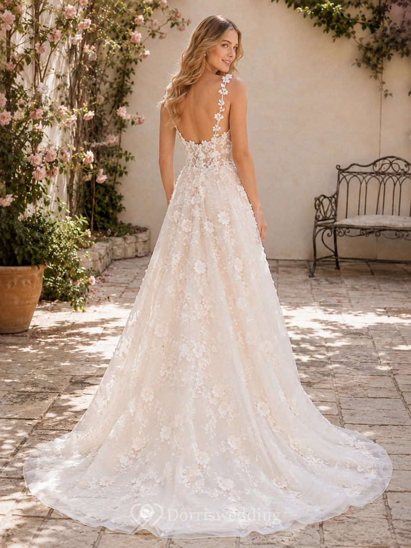 Vestido de novia de primavera con apliques florales y corte asimétrico para patio. view 2