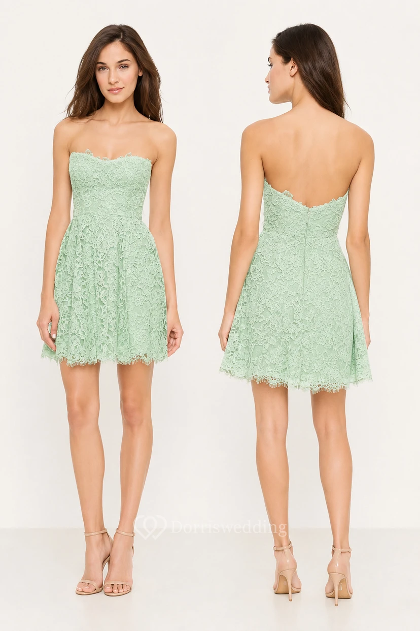 Short Strapless A-line Lace Dress With Low-V Back Style view 15