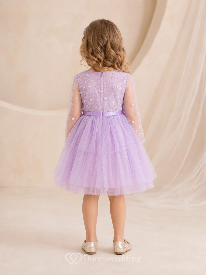 Adorable Lavender Sequined Tulle Jewel Neck Long Sleeve Sparkling A-Line Flowergirl Dress view 2