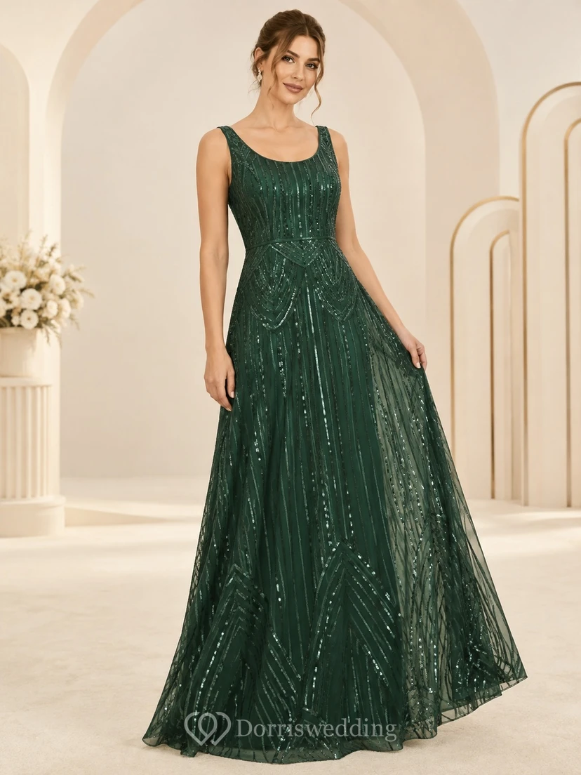 Vestido largo de dama de honor vintage verde oscuro, corte en A, escote redondo, sin mangas, con lentejuelas geométricas