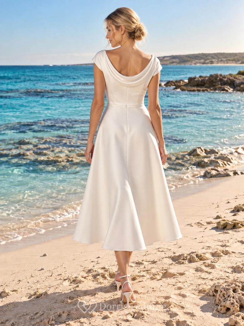 Einfaches, teelanges A-Linien-Strandhochzeitskleid aus Satin mit Wasserfallausschnitt und kurzen Ärmeln view 2