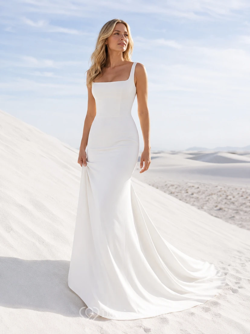 Robe de mariée sirène minimaliste en crêpe Dunes à col carré et encolure carrée