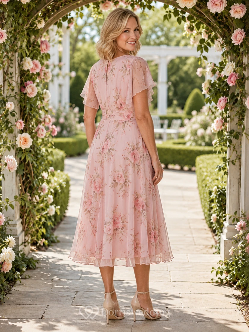Romantisches, rosafarbenes Chiffonkleid mit Blumenmuster, V-Ausschnitt, kurzen, flatternden Ärmeln und A-Linien-Schnitt in Teelänge – perfekt für die Mutter der Braut im Sommergarten. view 2