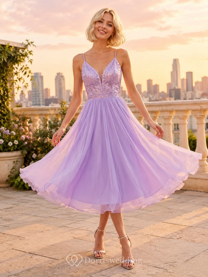 Lilac Tulle Sweetheart Pleated Sleeveless Tea-Length Party Dress