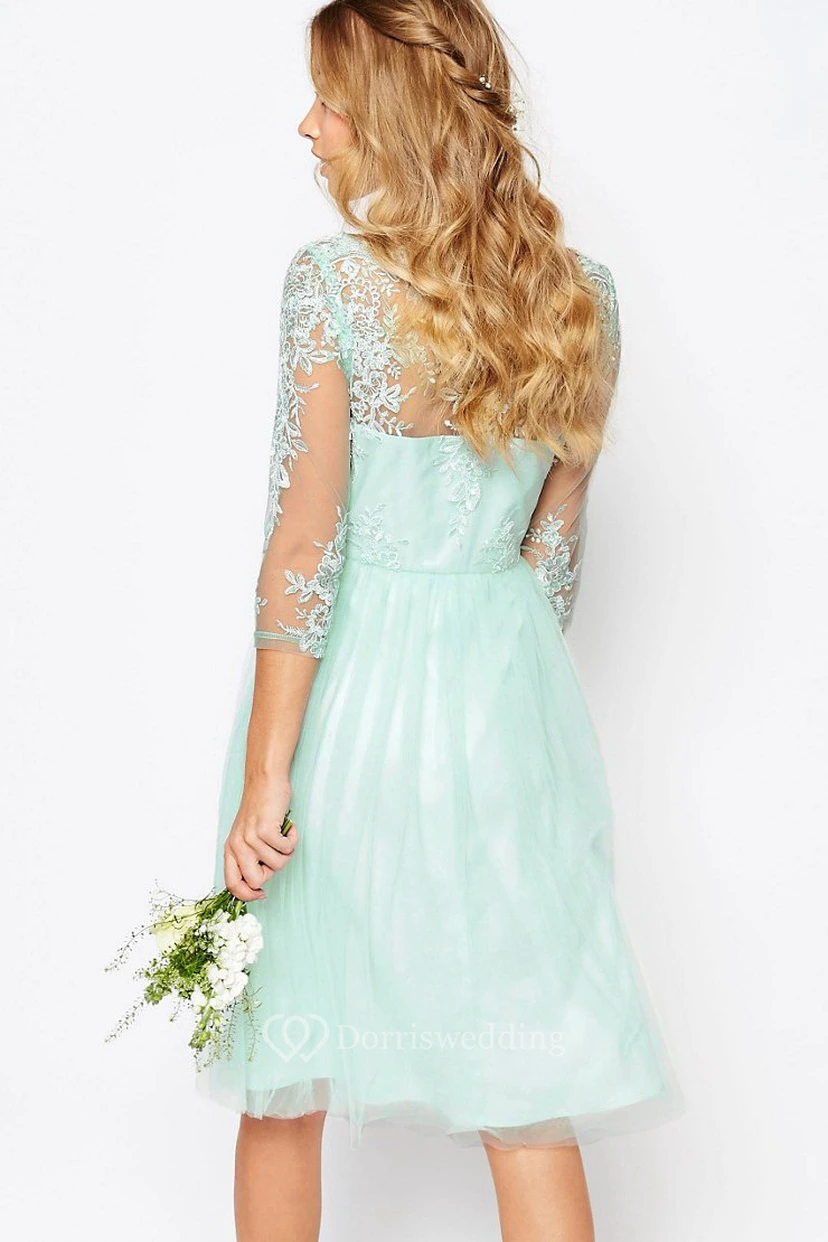 Knee-Length Appliqued Bateau Neck 3-4 Sleeve Tulle Bridesmaid Dress view 2