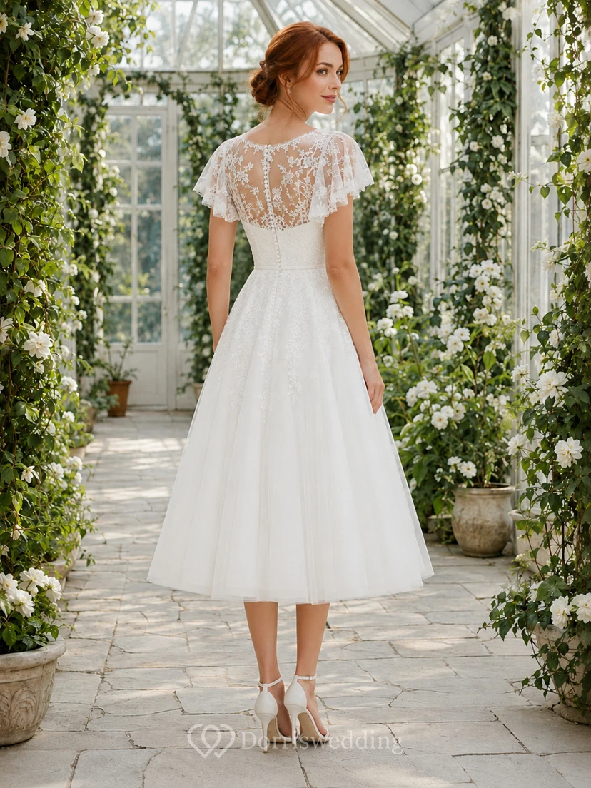 Tea-Length Illusion Lace Cap Sleeve A-Line Bridal Dress view 2