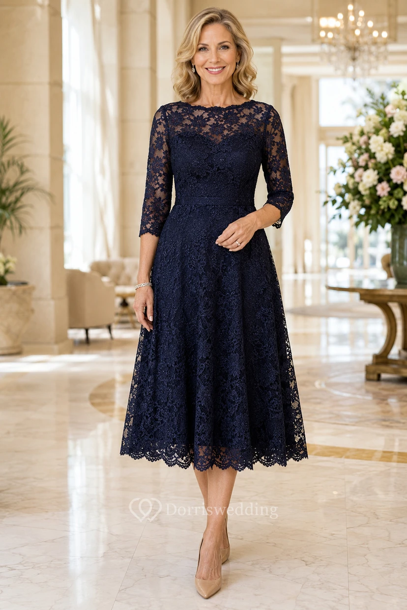 Robe de mère en dentelle bleu marine foncé, longueur thé, manches longues