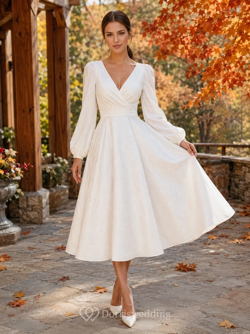 Simple V-Neck Long-Sleeve Satin A-Line Tea-Length Elopement Wedding Dress