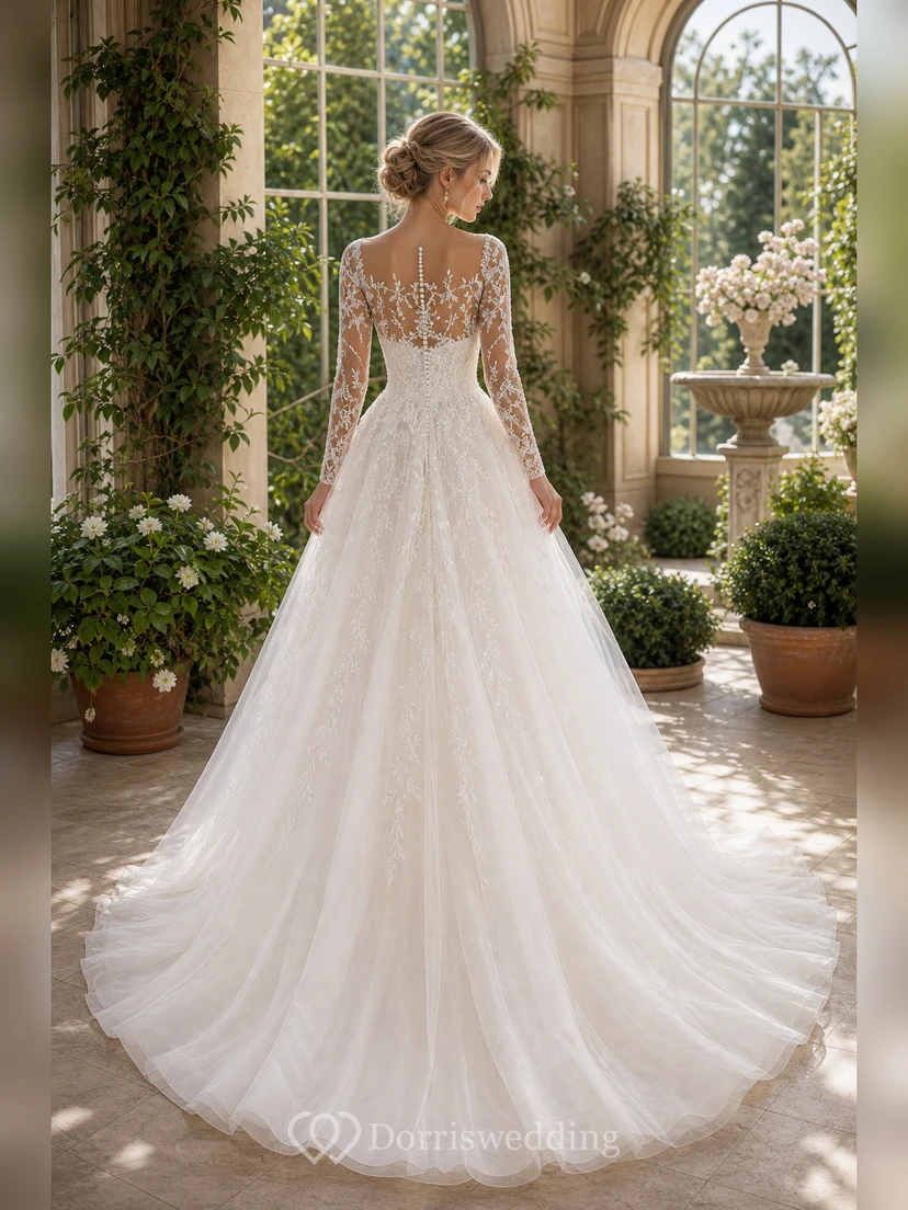 Elegantes Ballkleid mit U-Boot-Ausschnitt, 3/4-Ärmeln, Hofschleppe, Tüll, Applikationen und Illusionseffekten view 2