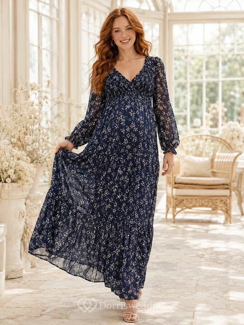 Maternity Dark Navy Floral Chiffon V-Neck Long Sleeve Empire Floor-Length Dress