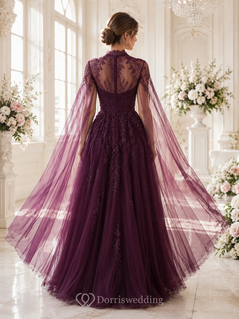 Plum Sweetheart High Neck Long Cape Lace Tulle Ball Gown Guest Dress view 2