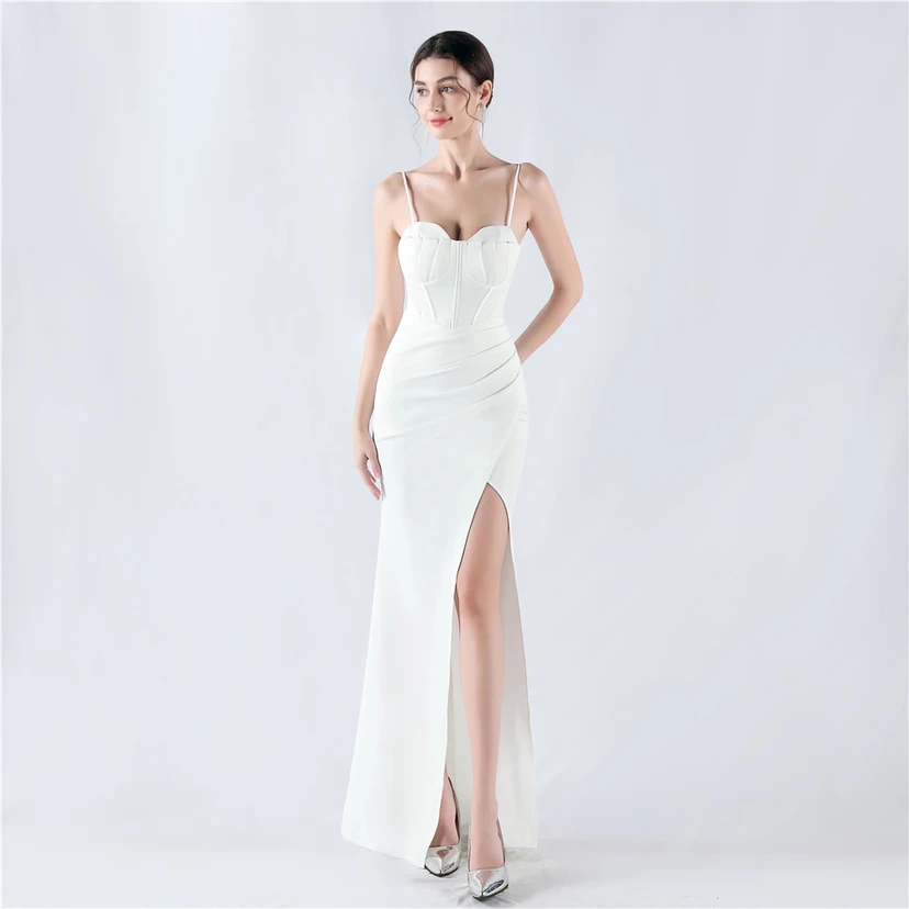 Fishbone Waist Strap Satin Host Meeting Evening Dress view 2
