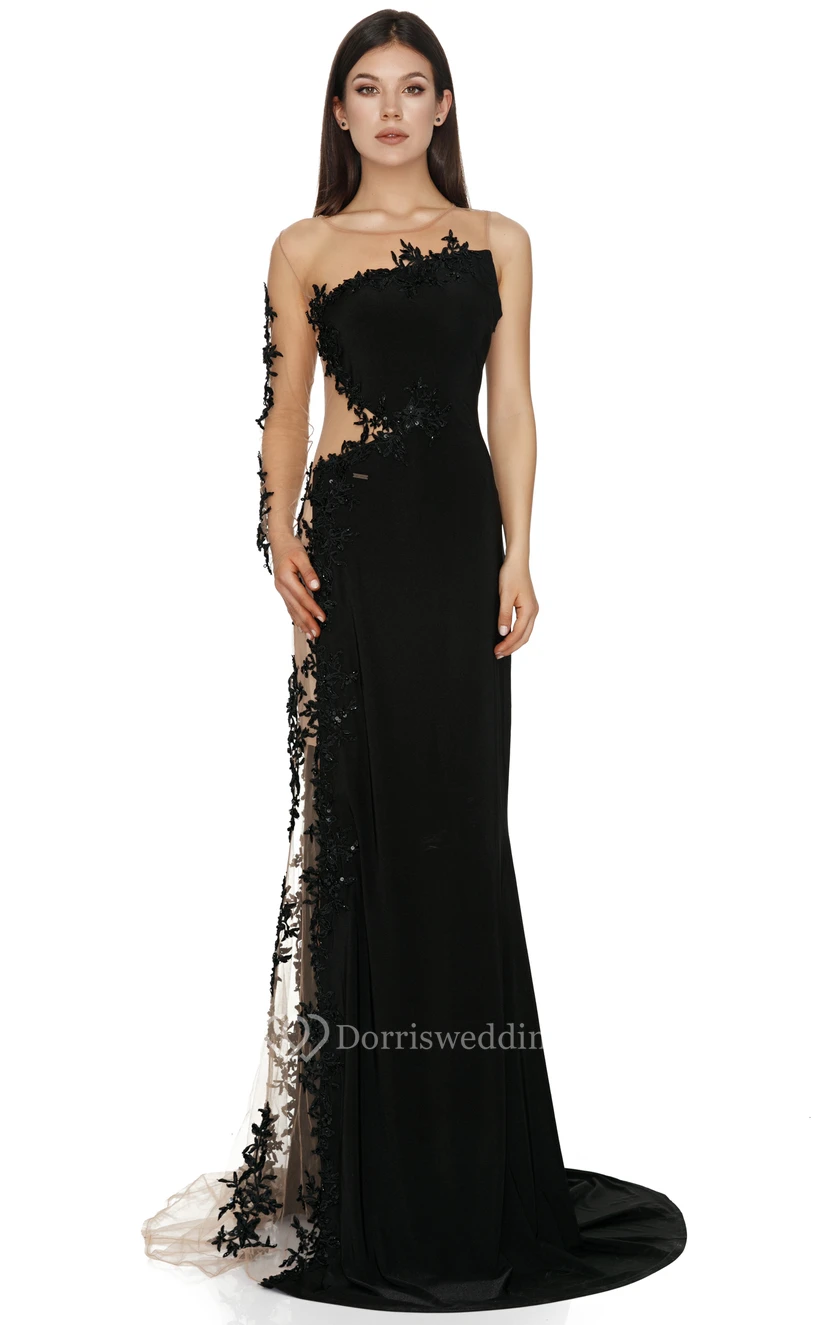 Modern Long Sleeve Floor-length A Line Lace Illusion Formal Dress with Appliques