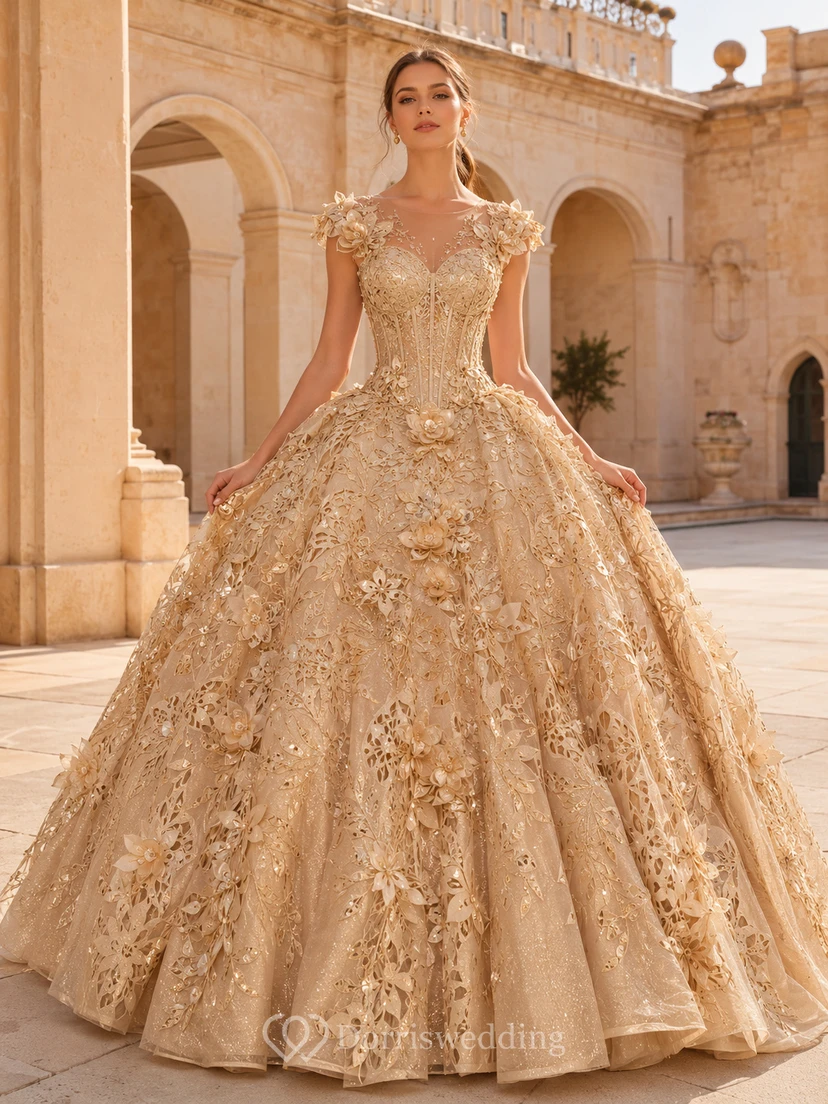 Champagne Modest Jewel Cap Sleeve Sculpted Floral Quinceanera Princess Formal Ball Gown